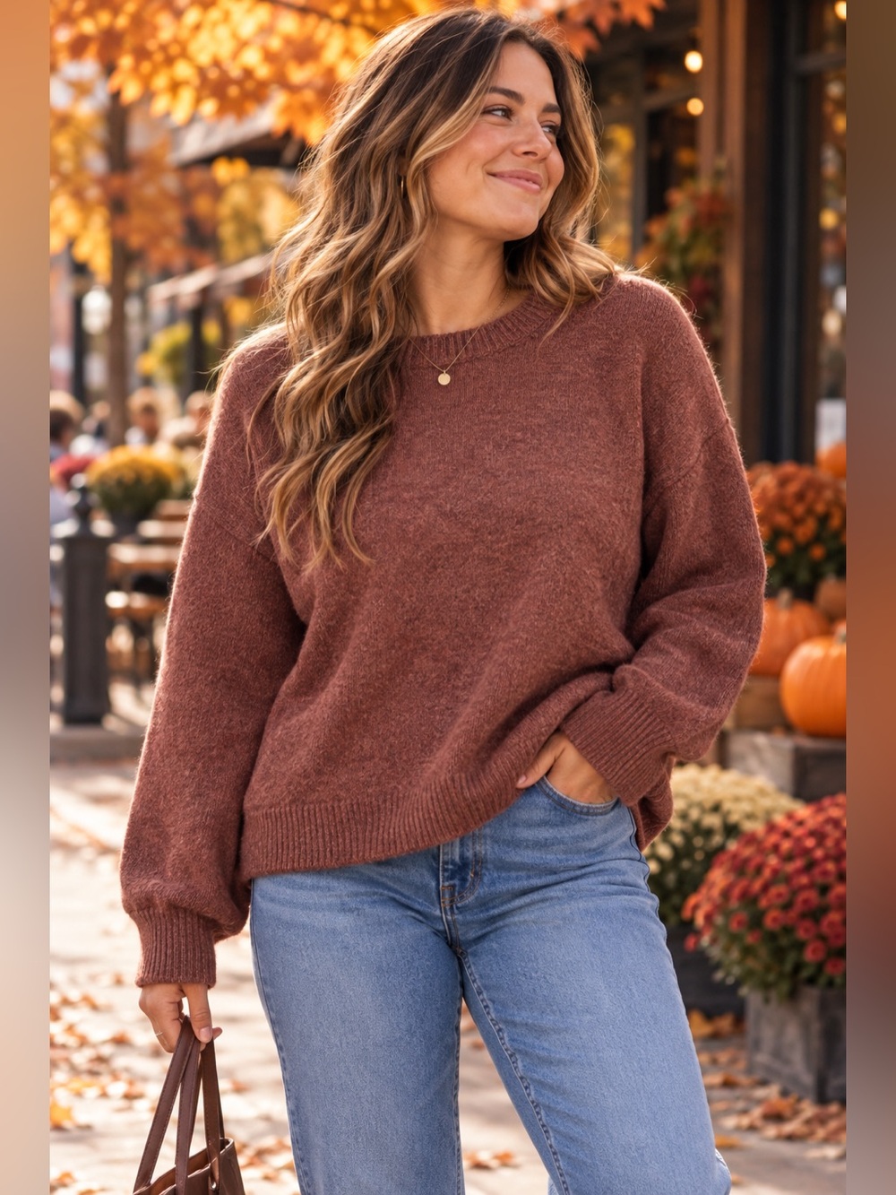 Nordstrom Womens M Wool Cashmere Sweater Brown Crewneck Side Slit Relaxed
